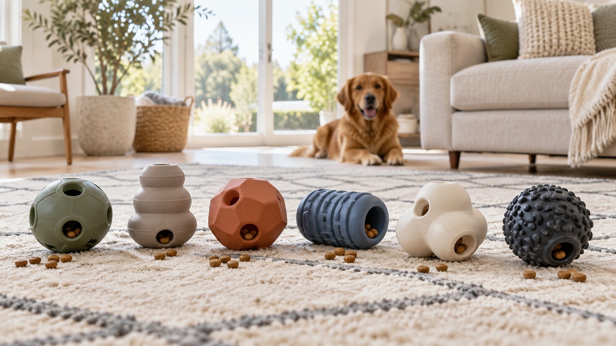 Six unbranded treat-dispensing dog toys arranged on a living room rug with a dog behind them.