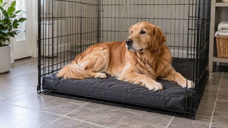 A large dog resting on a dark kennel pad with reinforced corners, inside a wire crate in a tiled utility room.