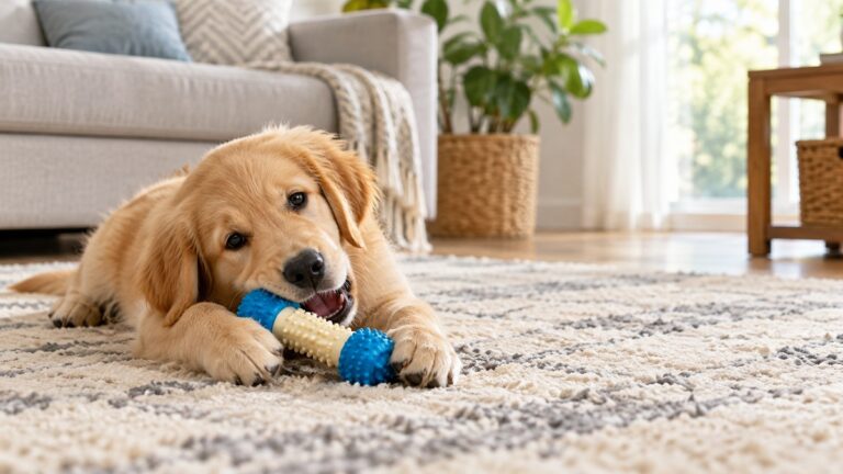 A golden retriever puppy chewing a rubber and nylon chew toy on a living room rug.