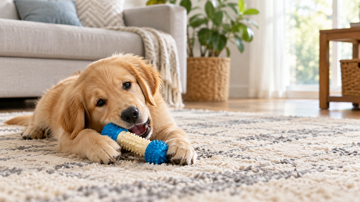 A golden retriever puppy chewing a rubber and nylon chew toy on a living room rug.