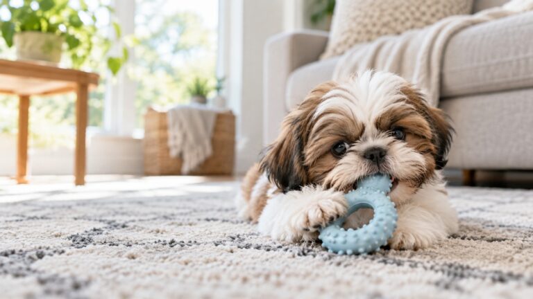 A small Shih Tzu puppy chewing a soft rubber teething toy on a living room rug in daylight.