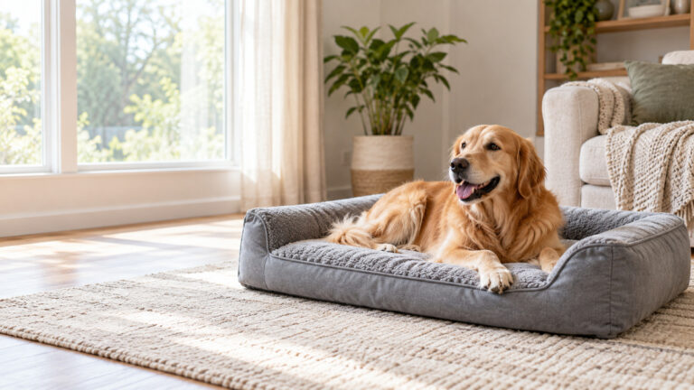 A large gray orthopedic dog bed with bolsters in a bright living room next to a resting dog.