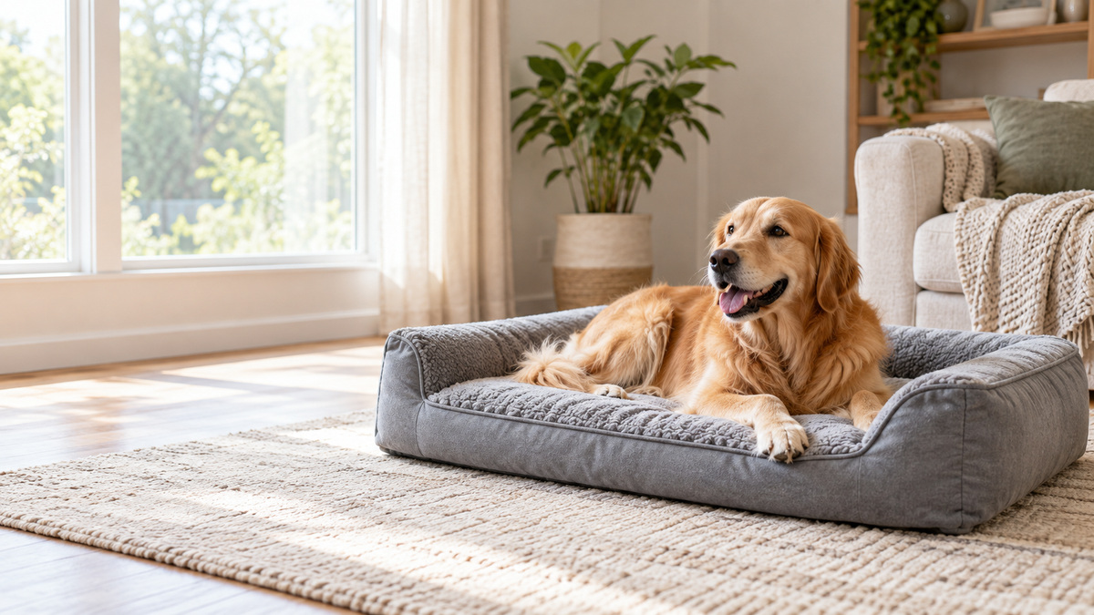 A large gray orthopedic dog bed with bolsters in a bright living room next to a resting dog.