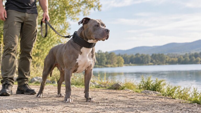 A pitbull on leash outdoors wearing a wide training collar, handler holding leash with slack.