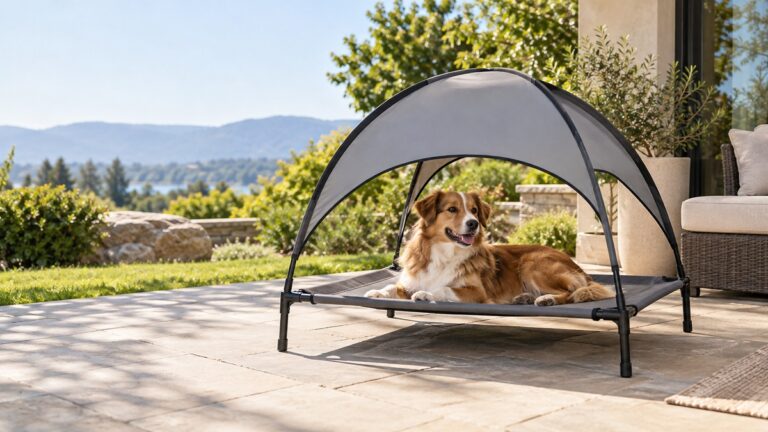 A medium dog resting on a mesh elevated cot on a patio with frame and cover visible.