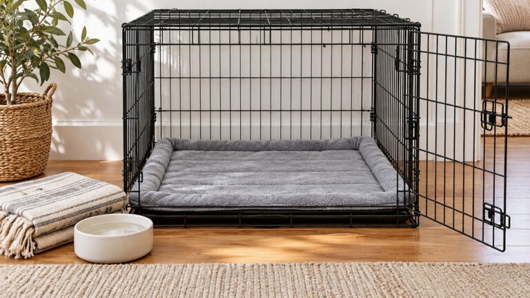 A washable gray crate mat laid flat inside a wire dog crate, with a folded blanket and a water bowl placed outside the door.