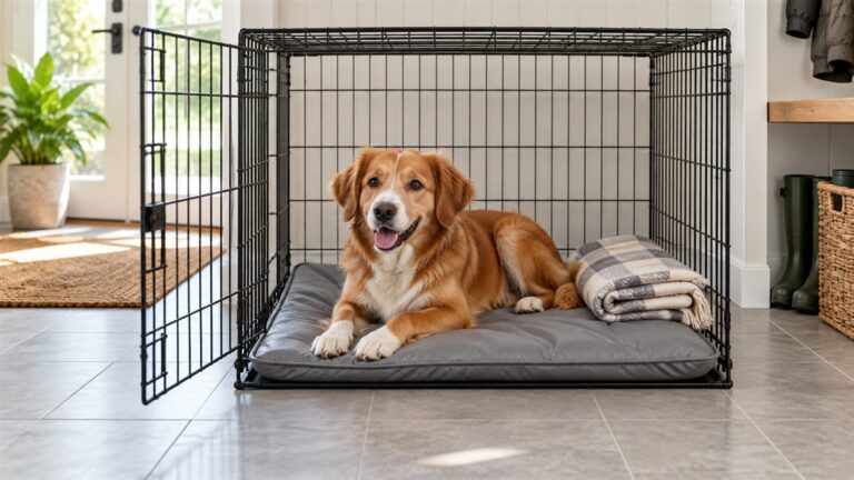 A medium dog lying on a gray waterproof crate mat inside a wire crate, with a folded blanket beside it and a clean tiled floor.