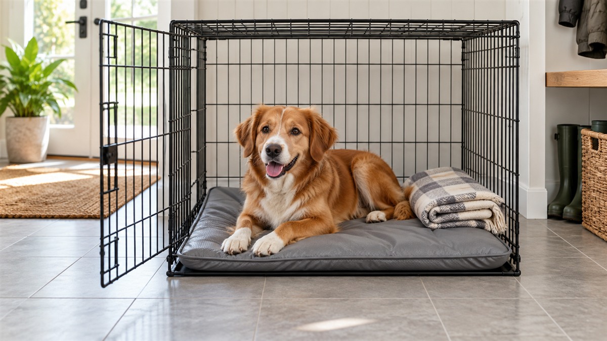 A medium dog lying on a gray waterproof crate mat inside a wire crate, with a folded blanket beside it and a clean tiled floor.