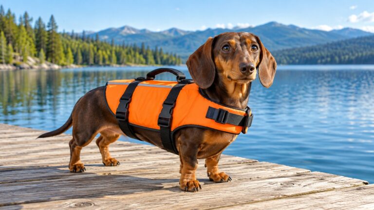 A small dog in a bright orange life jacket standing on a wooden dock beside a calm lake.