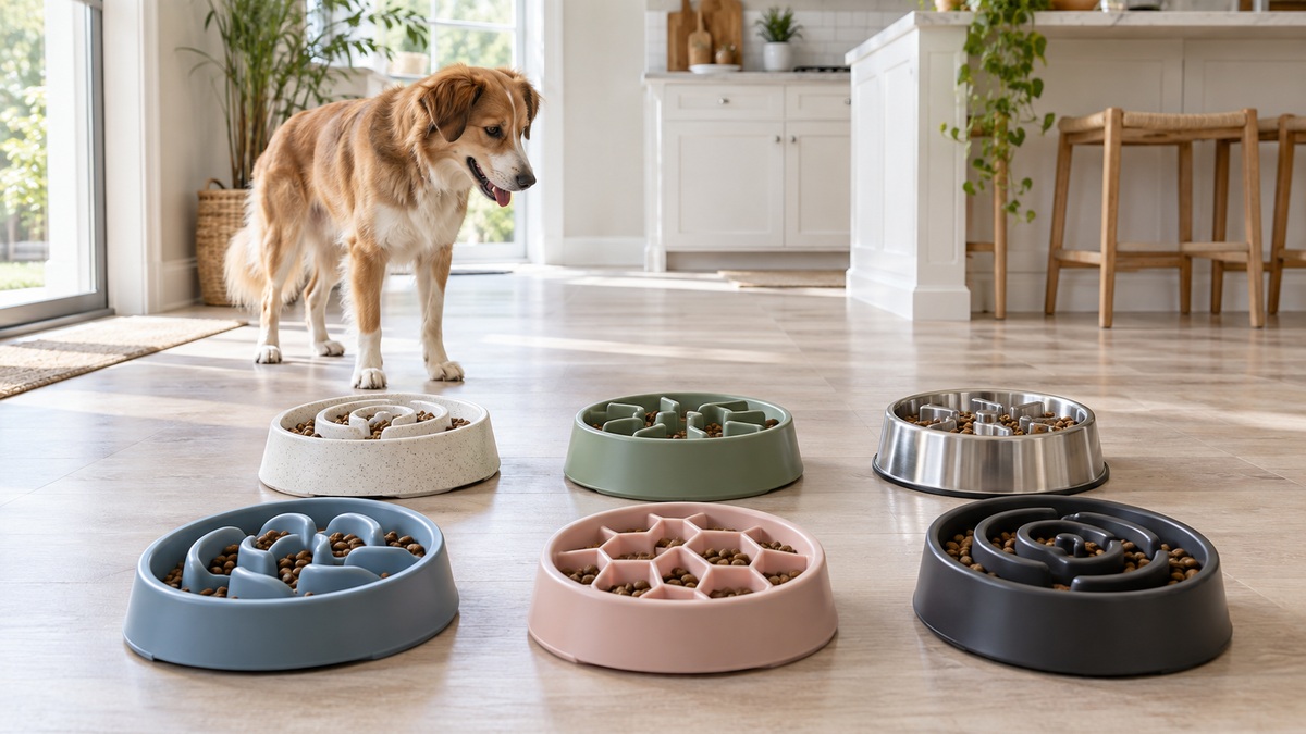 Six maze-style slow feeder dog bowls arranged on a bright kitchen floor with a dog nearby.