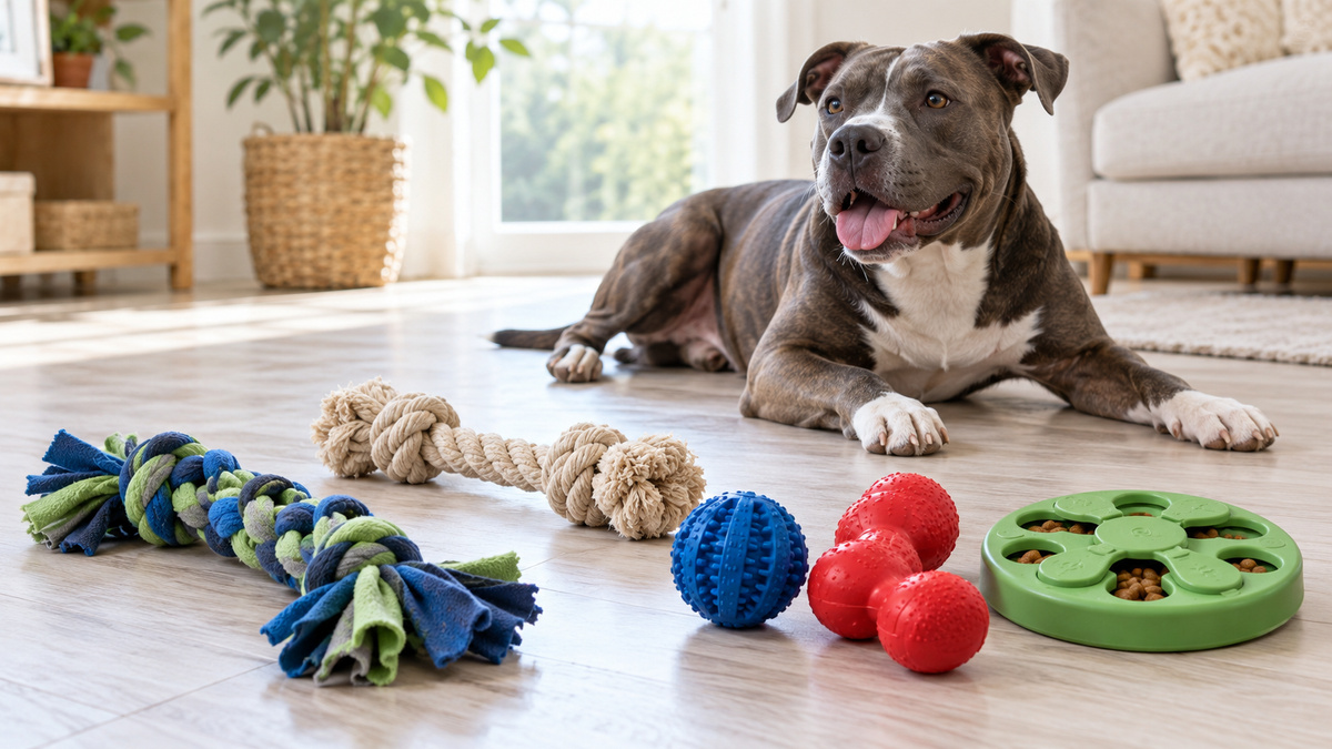 Durable homemade chew toys are arranged on the floor near a strong dog.