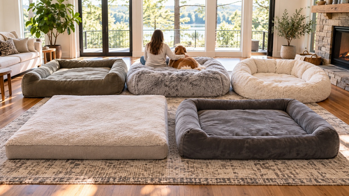 Oversized dog beds arranged in a family room with a person and dog seated together for scale.