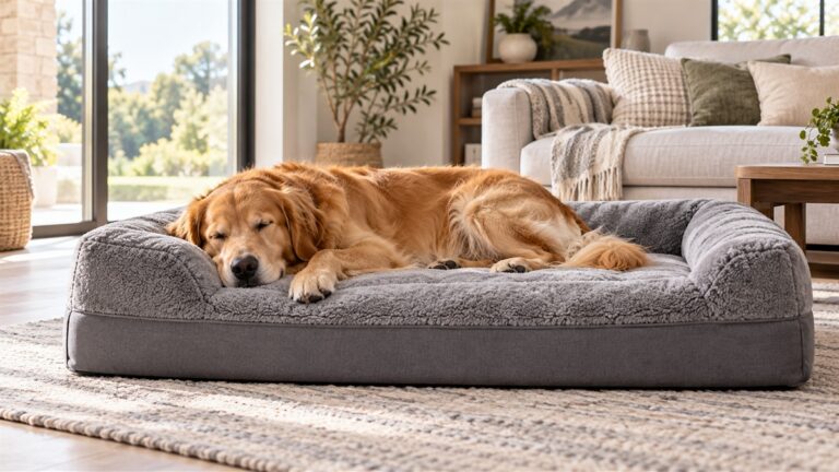 A large dog asleep on a grey memory foam bed with a plush cover in a living room.