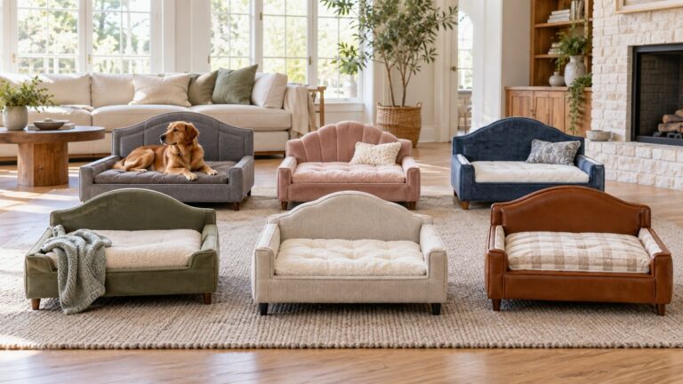 Six miniature bed-shaped dog beds arranged in a bright living room with a relaxed dog.