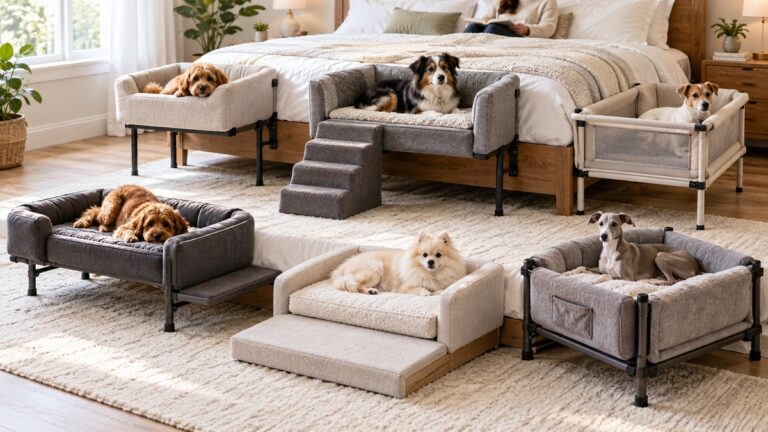 Six bedside bed options arranged for a clear size-and-feature comparison in a bright home setting.