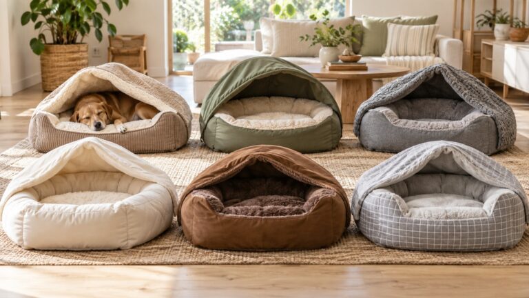 Six cozy dog beds with integrated hooded covers arranged in a bright living room.