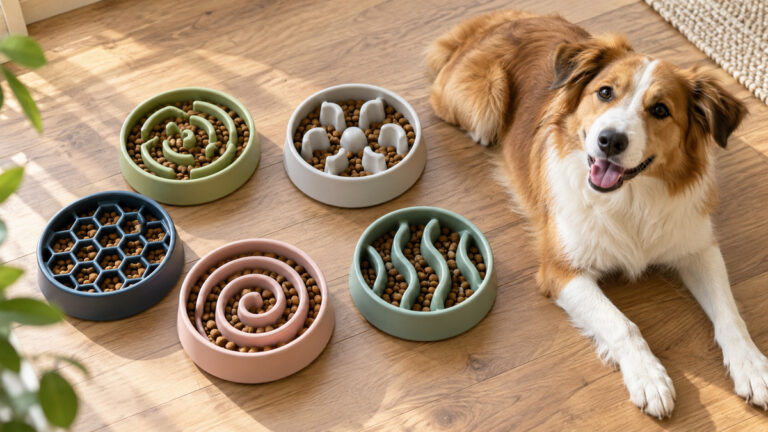 Overhead view of five slow feeder dog bowls with kibble in maze ridges on a wood floor next to a medium dog.