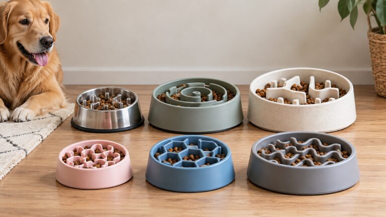 Six slow feeder bowls for fast eaters grouped by size, material, and capacity on a plain background.