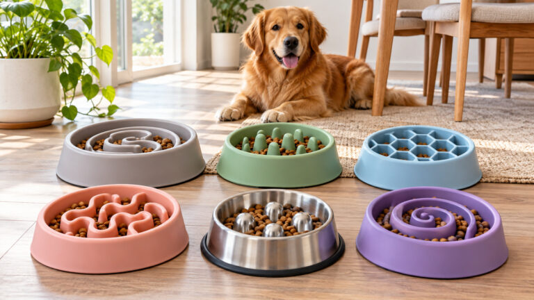 Six slow-feeder dog bowls in varied shapes and sizes arranged in a bright home dining area.