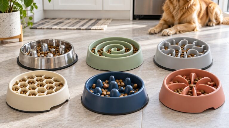 Six generic slow-feeder dog bowls with varied maze patterns arranged on a kitchen floor.