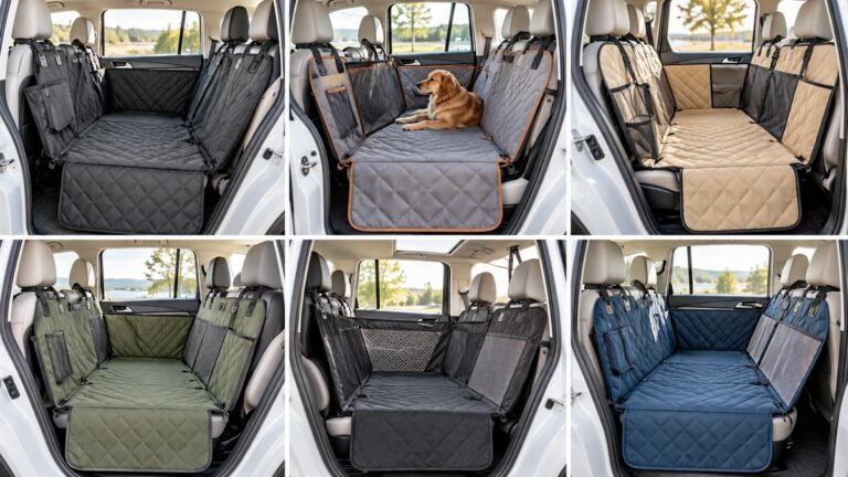 Six quilted dog car hammock configurations shown across clean vehicle interiors.