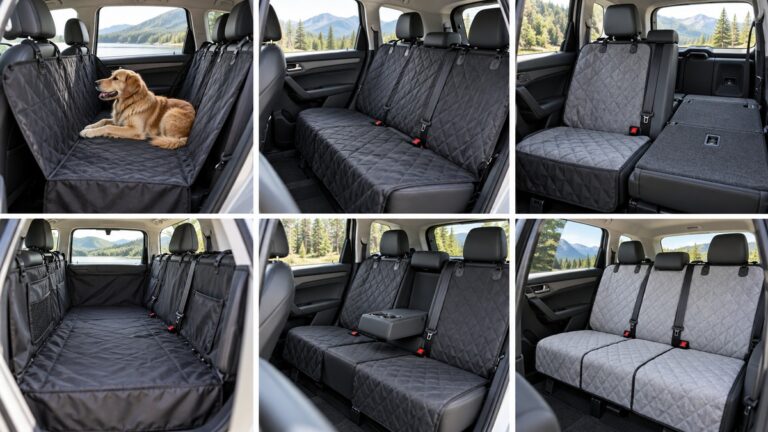 Dog car seat cover configurations fitted across SUV rear seats with belt openings visible.