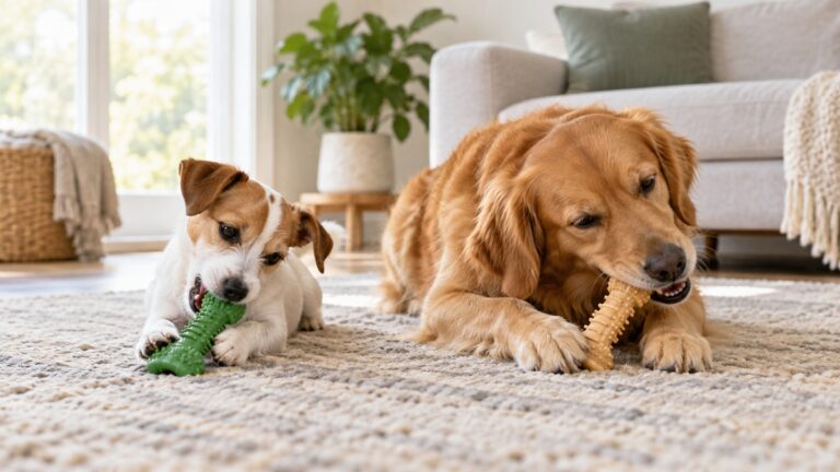 A small and a medium dog chewing different textured dental chew toys on a rug.