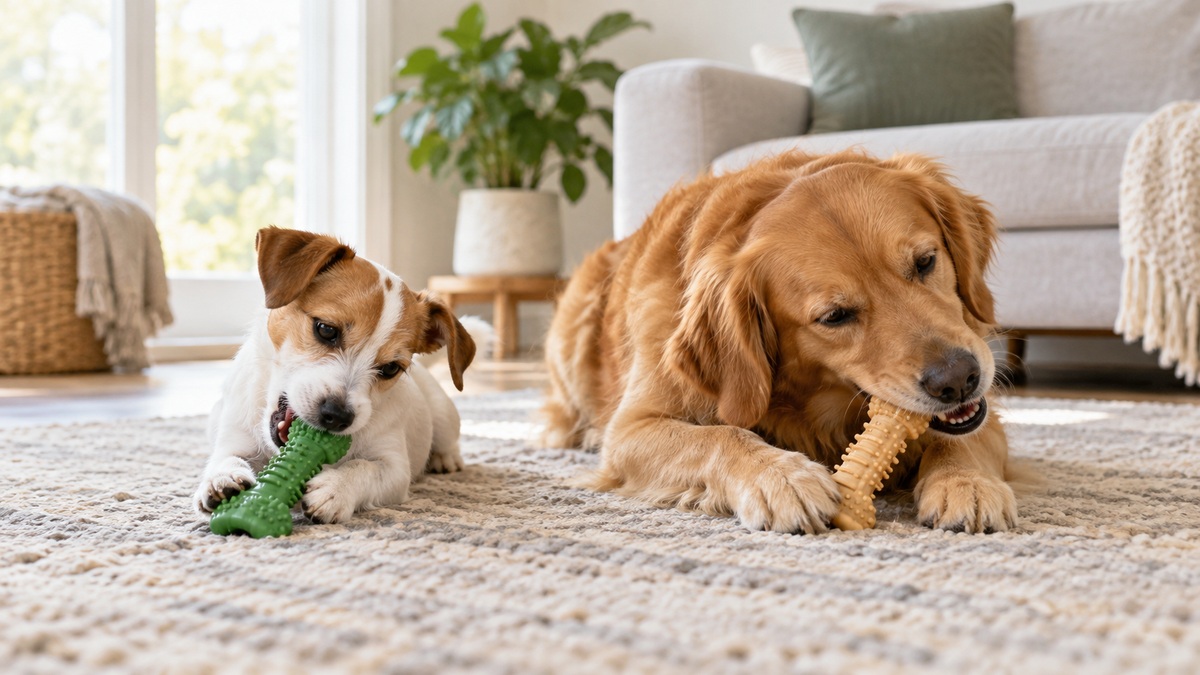 A small and a medium dog chewing different textured dental chew toys on a rug.