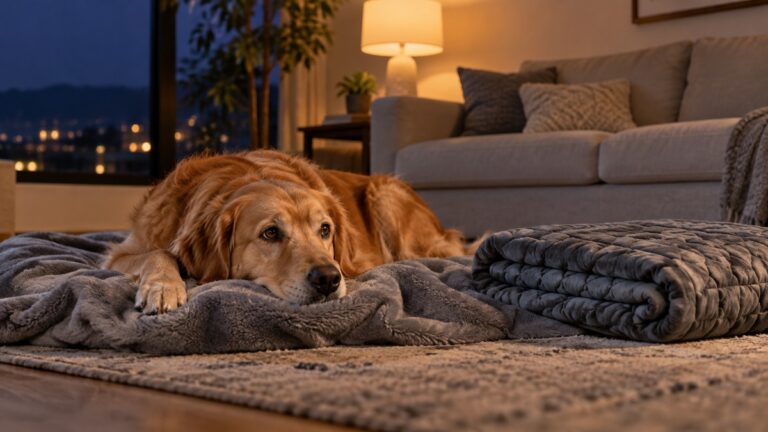 A dog resting on a gray blanket at night with a chew-resistant throw folded nearby in a living room.
