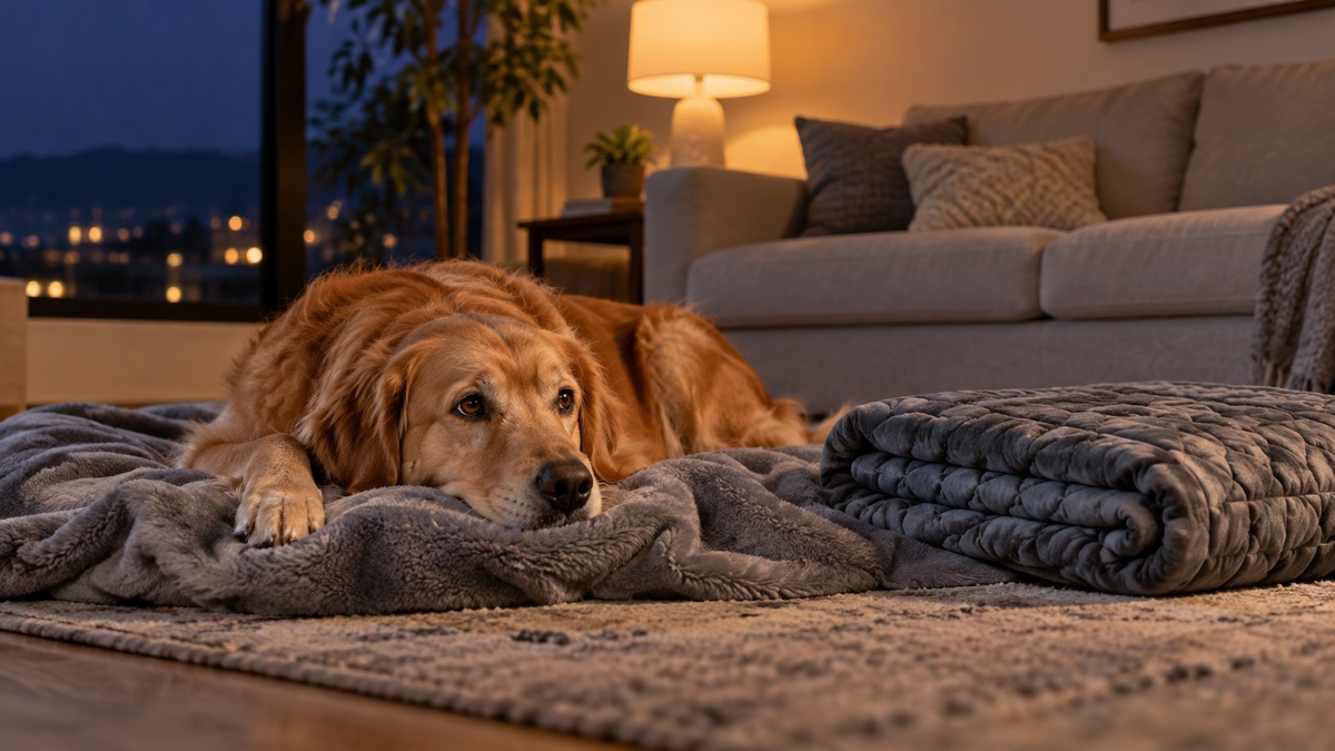 A dog resting on a gray blanket at night with a chew-resistant throw folded nearby in a living room.