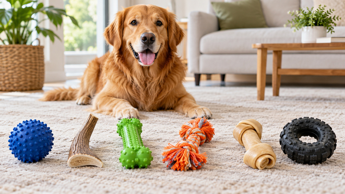 Six generic dog chew options arranged for comparison in a bright home setting.