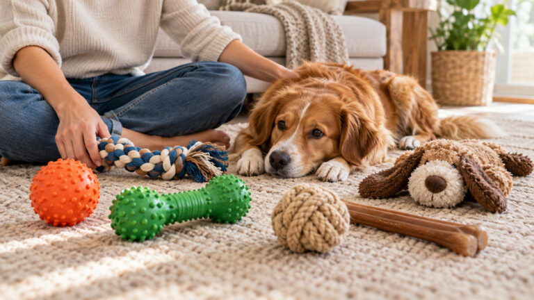 Dog chew toys arranged beside an owner and a resting dog in a bright living room.
