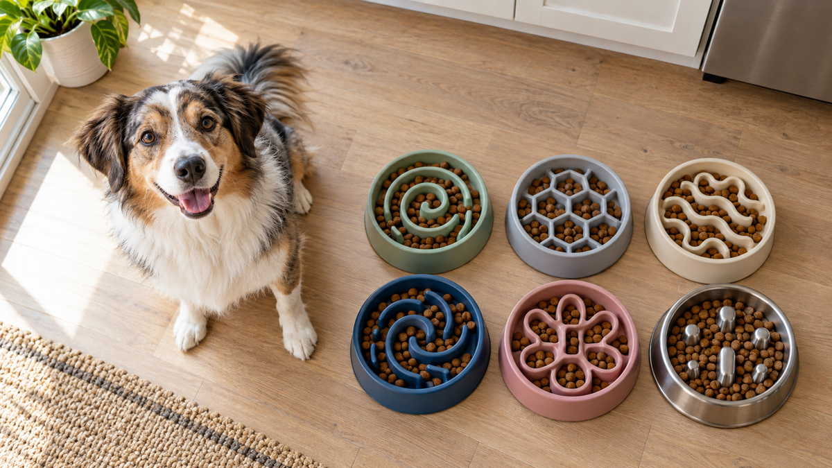Overhead view of six slow feeder dog bowls with kibble in maze ridges on a kitchen floor next to a medium dog.