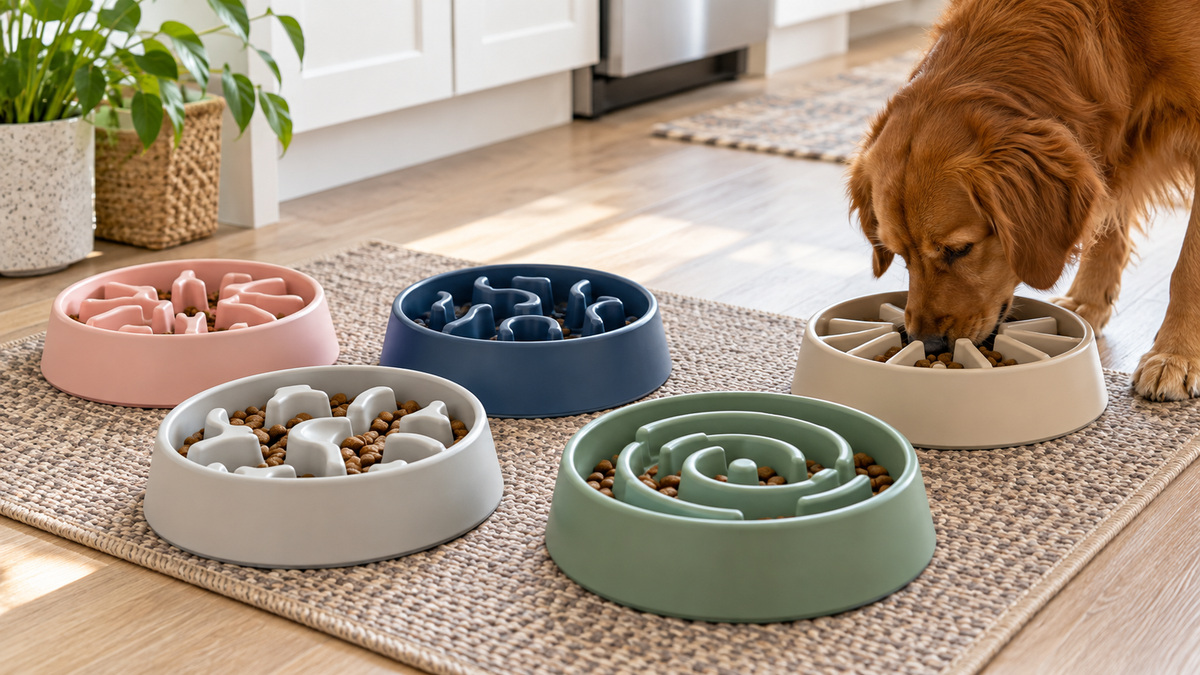 Slow-feeder dog dishes with different maze patterns arranged on a kitchen mat.