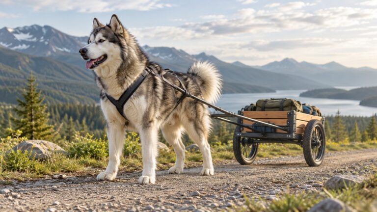 A large Nordic dog wearing an X-back pulling harness standing in front of a cart on a trail.