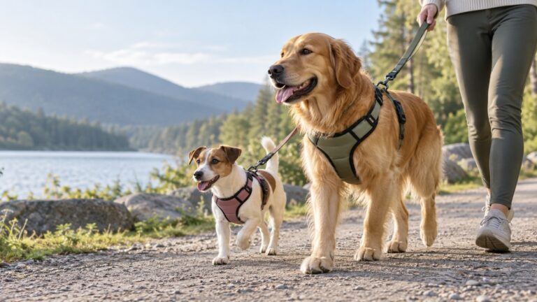 A small and a large dog wearing lightweight padded harnesses indoors and on a walk, showing fit around chest and neck.