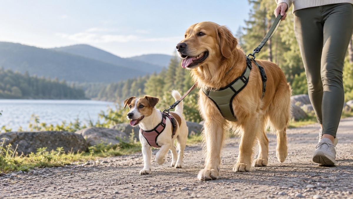 A small and a large dog wearing lightweight padded harnesses indoors and on a walk, showing fit around chest and neck.