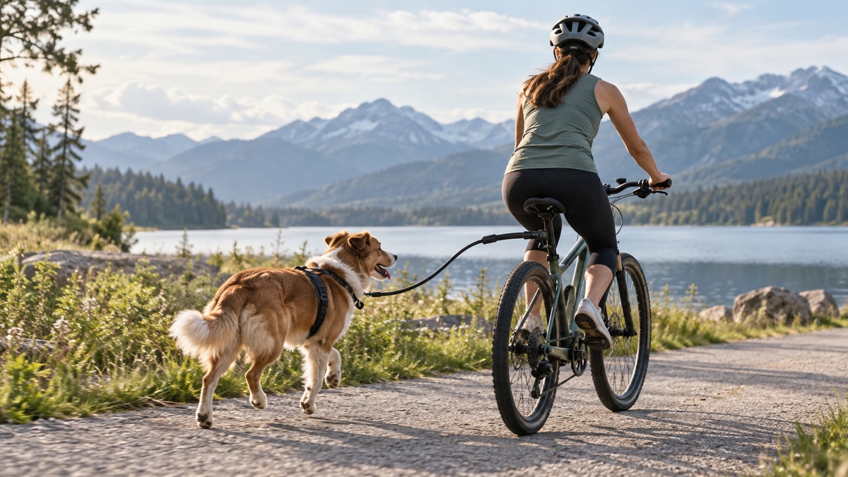 A rider cycling slowly with a medium dog running beside the bike on a hands-free seat-post leash attachment.