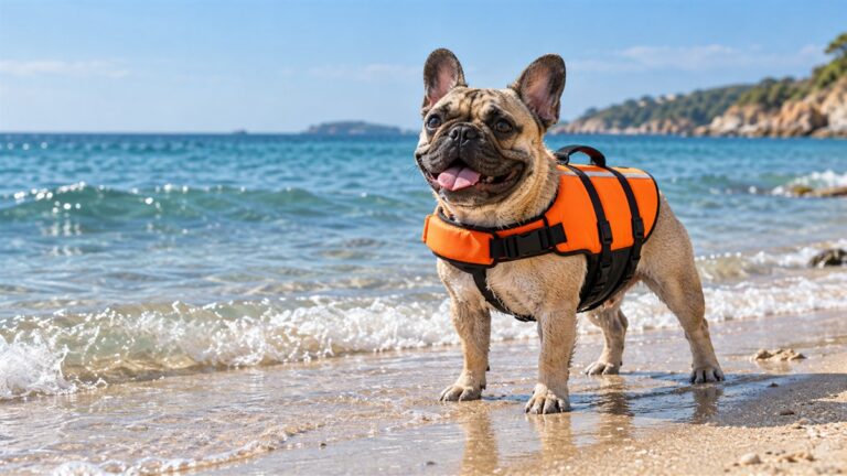 A French Bulldog in an orange dog life jacket standing on a sandy beach at the edge of the water.