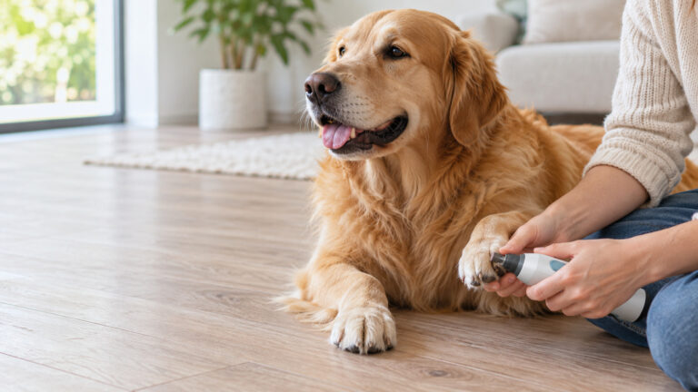A close view of hands grinding a large dog's thick nail with a quiet grinder under bright light.