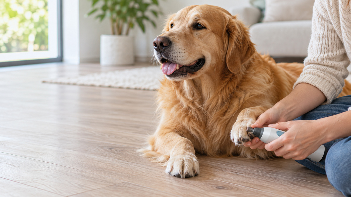 A close view of hands grinding a large dog's thick nail with a quiet grinder under bright light.