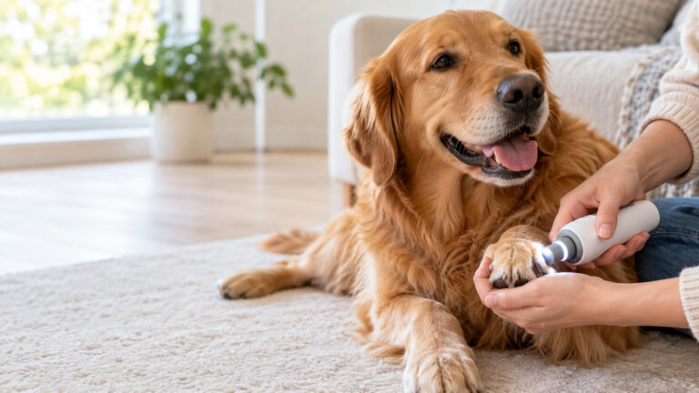 A close view of a dog nail grinder with LED light illuminating a paw during a calm nail trim.