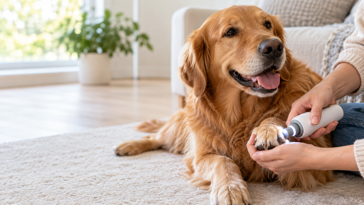 A close view of a dog nail grinder with LED light illuminating a paw during a calm nail trim.