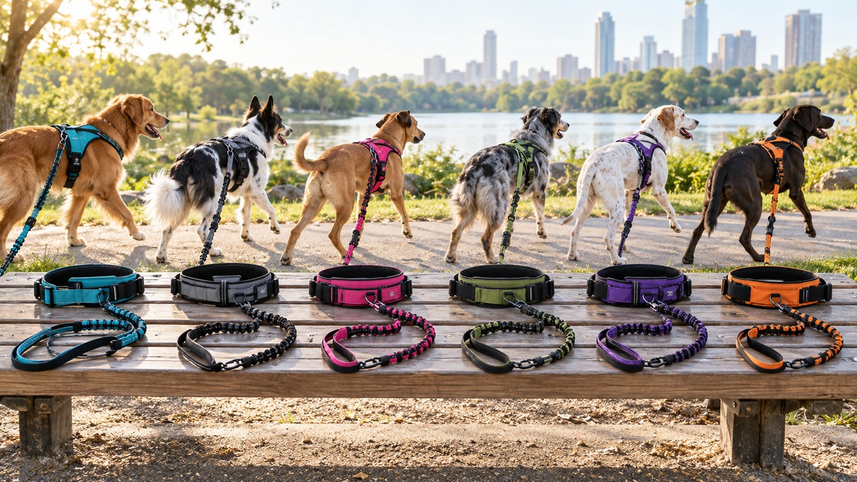 Running leashes and harnesses compared beside a sunny park path with a dog.