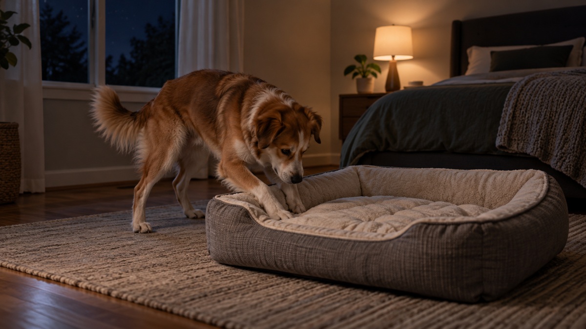 A medium dog circling and pawing a low dog bed in a dim bedroom at night.