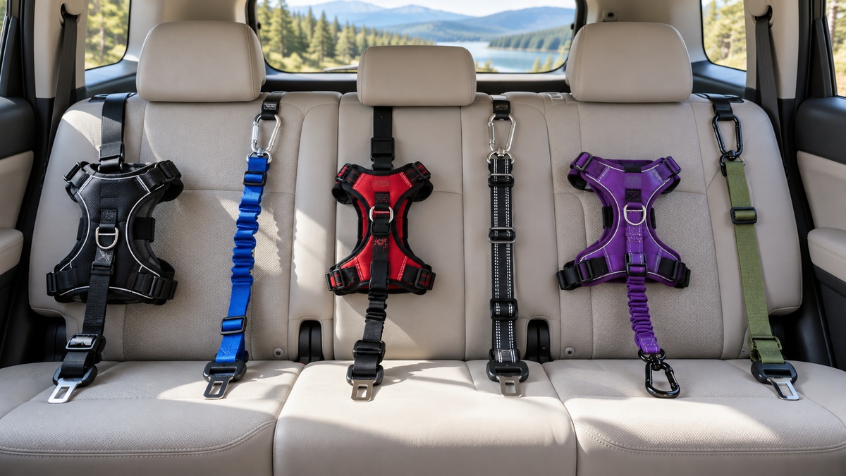 Dog seat belt tether options arranged across the rear bench of a clean SUV.