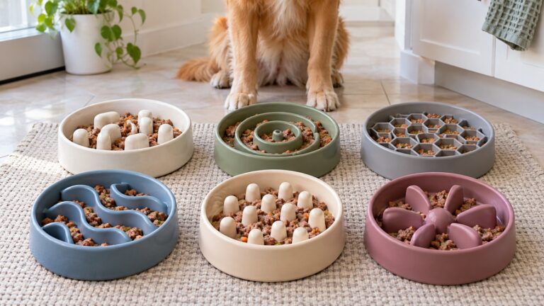 Six patterned slow feeder bowls hold wet dog food in a bright kitchen.
