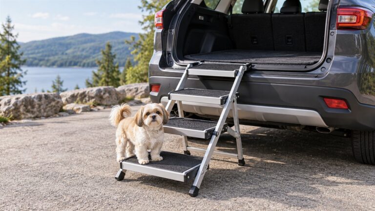 A foldable aluminum pet step set with a non-slip surface placed at the open rear of an SUV, with a small dog standing on the lowest step.