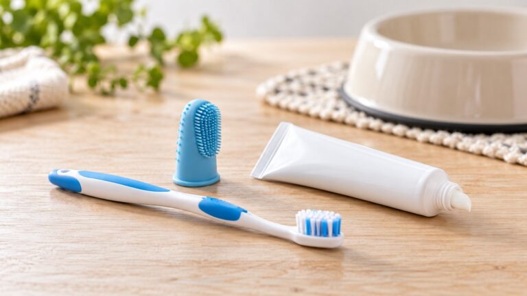 A small flat-lay of a dog toothbrush, a finger brush and a tube of dog toothpaste on a light wooden surface, with a dog's bowl blurred in the background.