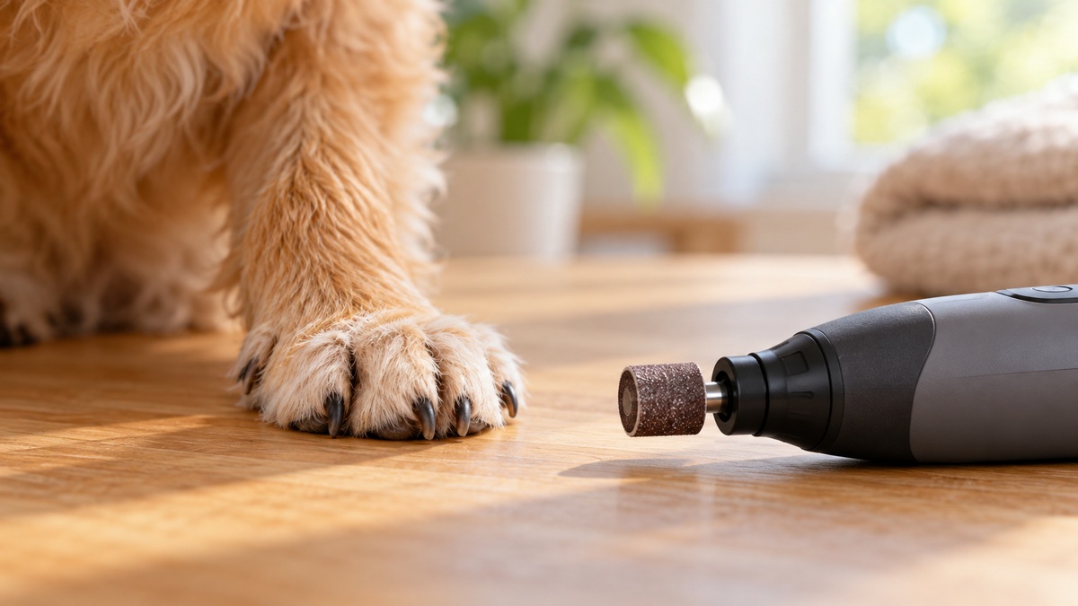 Close-up of a small dog paw resting on a table next to a rotary nail grinder attachment.